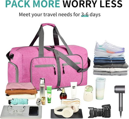 Dimayar 65L Travel Duffle Bag for Men Women - Foldable Duffel Bag with Shoes Compartment - Overnight Bags Waterproof & Tear Resistant(Rouge Pink)