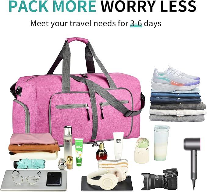 Dimayar 115L Travel Duffle Bag for Men Women - Foldable Duffel Bag with Shoes Compartment - Overnight Bags Waterproof & Tear Resistant(Rouge Pink)