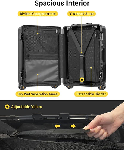 LEVEL8 Zipperless Carry On Suitcase Airline Approved with Aluminum Frame, Hard Shell Luggage with Spinner Wheels, Metal Travel Luggage with Double Tsa Locks, 20 Inch, Black