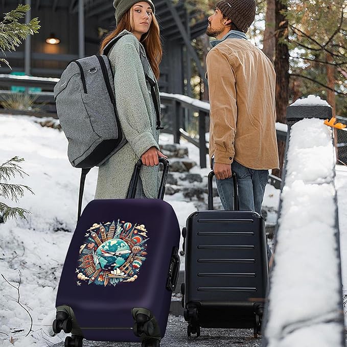 ANNA QUEEN World Landmarks Luggage Cover, Dark Travel-Themed Suitcase Protector with Airplane & Globe Design, Stretchable, Washable Luggage Sleeve for 32-34 Inch Suitcases