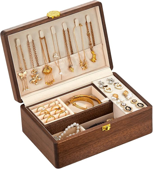 Wooden Jewelry Box For Women Jewelry Organizer Box With Lock 2 Layer Jewelry Holder Organizer For Necklace Ring Earring