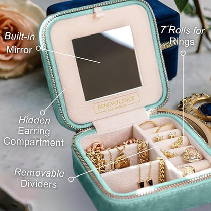 Benevolence LA Plush Velvet Jewelry Box | Travel Jewelry Case Organizer with Mirror | Featured in Oprah's Favorite Things | Best Gifts For Daughter, Girlfriend, Mom | Gifts For Her - Cyan