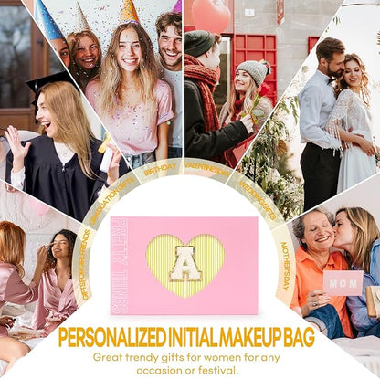 2 PCS Initial Makeup Bags for Women: Cosmetic Bag for Travel Toiletry - Birthday Gifts for 11 12 13 14 15 16 17 18 Years Old Girl Graduation Teacher Gift- Teen Girl Gifts Trendy Stuff - Yellow S