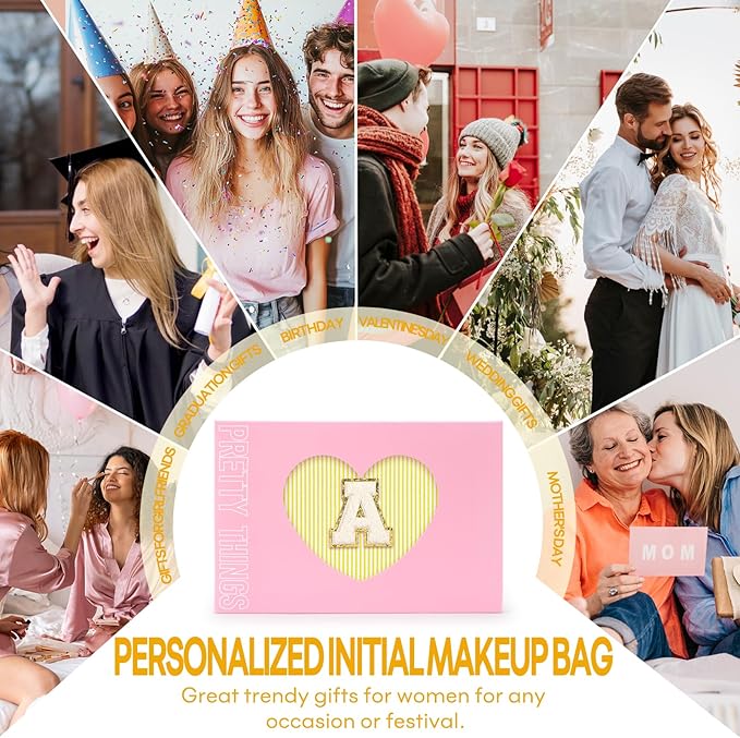 2 PCS Initial Makeup Bags for Women: Cosmetic Bag for Travel Toiletry - Birthday Gifts for 11 12 13 14 15 16 17 18 Years Old Girl Graduation Teacher Gift- Teen Girl Gifts Trendy Stuff - Yellow A