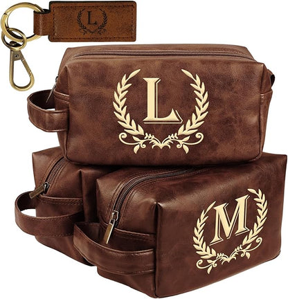 Personalized Toiletry Bag for Men Engraved Initial Leather Kit, Waterproof Travel Essentials Bag - DarkBrown(L)