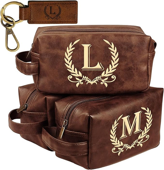 Personalized Toiletry Bag for Men Engraved Initial Leather Kit, Waterproof Travel Essentials Bag - DarkBrown(L)