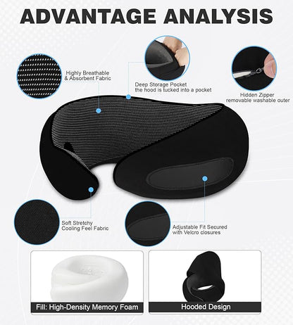 Travel Neck Pillow, Newly Upgraded Hooded Neck Pillow , 100% Pure Memory Foam Travel Pillow for Flight Headrest Sleep,Windproof and heat preservation,Suitable for use in Outdoor/ Plane/Car/Office