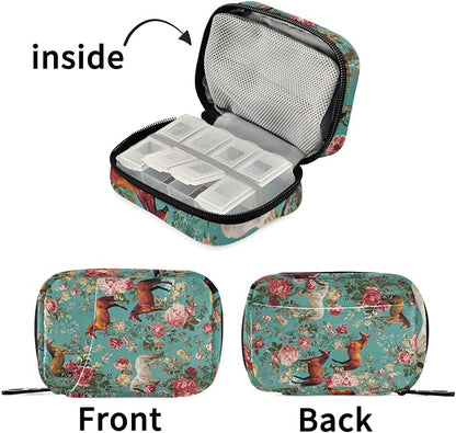 Teal Horses and Red Roses Travel Pill Organizer Case Box Container Weekly Portable Vitamin Medicine Holder Storage Bag with Zipper Removable