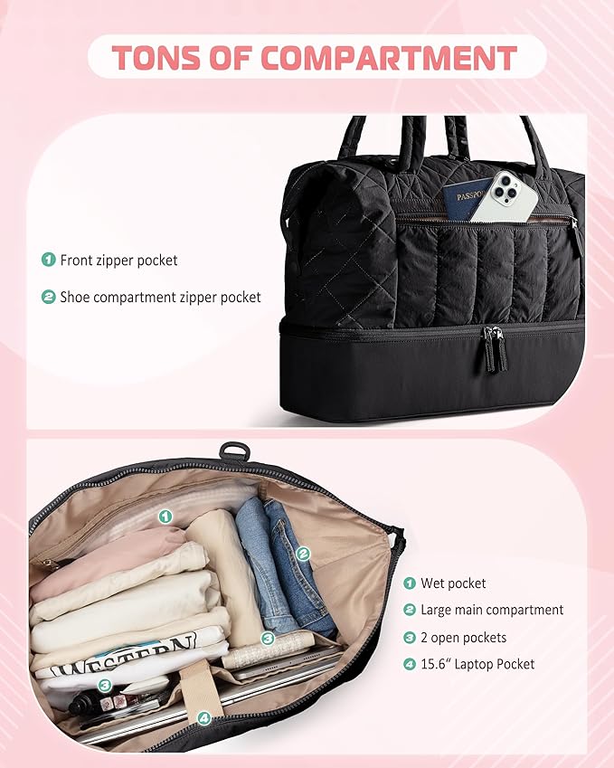 Quilted Duffle Bag with Shoe Compartment and Wet Pocket, Weekender Duffel Bag With Laptop Sleeve and a Separate Pouch for Travel, Gym, Hospital Labor Delivery, Black