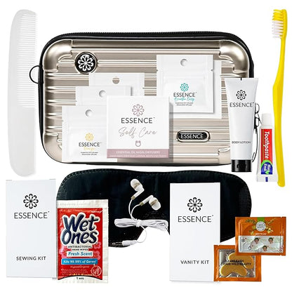 Essence Travel Amenity Kit - Compact Wellness Organizer with 5 Nasal Diffusers + 9 Traveler Comfort Essentials for Flights, Hotels & Adventures - Wearable Aromatherapy Self-Care On the Go