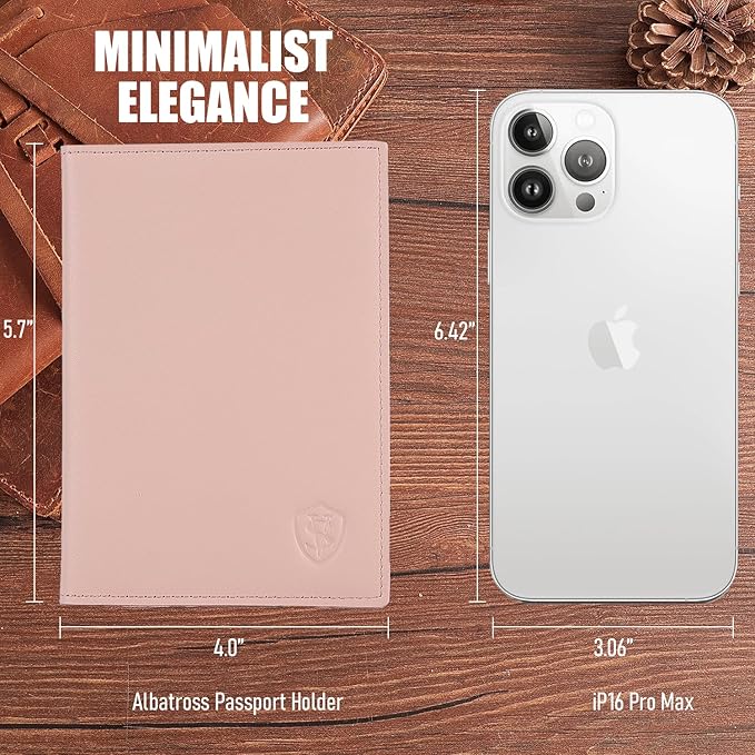 STAR VISTA Albatross Leather Travel Passport Holder, Minimalist Design, Calfskin Leather Case for Women and Men - Slim Passport Wallet, Bifold, RFID Blocking, Pale Pink