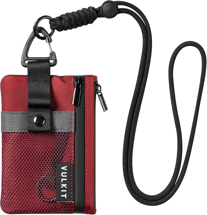 VULKIT Small RFID Wallet for Women & Men – Minimalist Zipper Wallet with ID Window, Keychain & Carabiner, Holds 15 Cards, Water Resistant Travel Lanyard Wallet Red