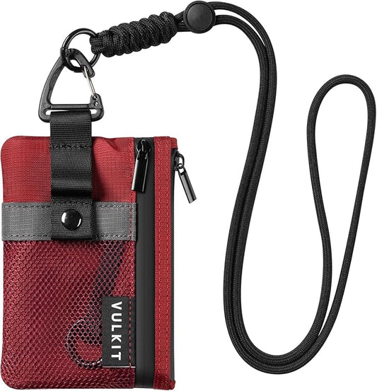 VULKIT Small RFID Wallet for Women & Men – Minimalist Zipper Wallet with ID Window, Keychain & Carabiner, Holds 15 Cards, Water Resistant Travel Lanyard Wallet Red