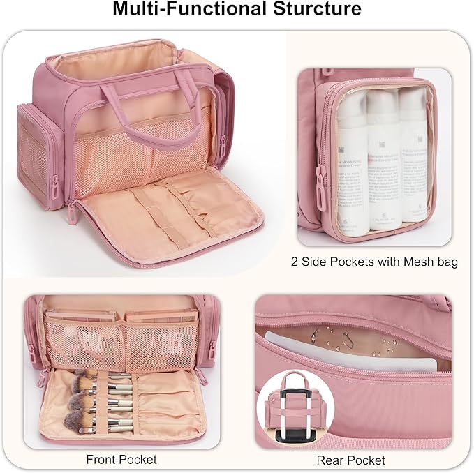 Travel Cosmetic Bag for Women, Lightweight Wide-open Makeup Travel Bags for Toiletries with 2 Removable Dividers, Large Makeup Organizer with Brushes Board, Multi Pockets for Gym, Daily, Pink