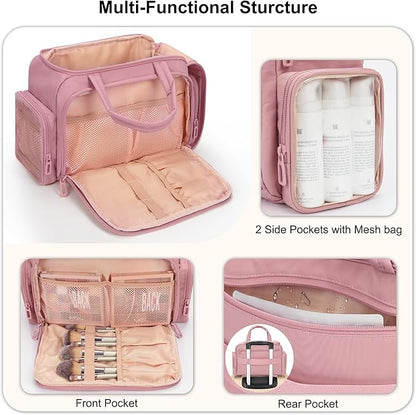 Travel Cosmetic Bag for Women, Lightweight Wide-open Makeup Travel Bags for Toiletries with 2 Removable Dividers, Large Makeup Organizer with Brushes Board, Multi Pockets for Gym, Daily, Pink