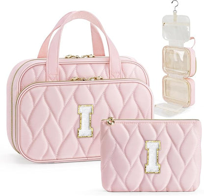 YOOLIFE Travel Toiletry Bag for Women - Hanging Toiletry Bag Initial Makeup Bag, Portable Toiletries Cosmetic Bag, Airplane Travel Essentials - Letter I, Pink