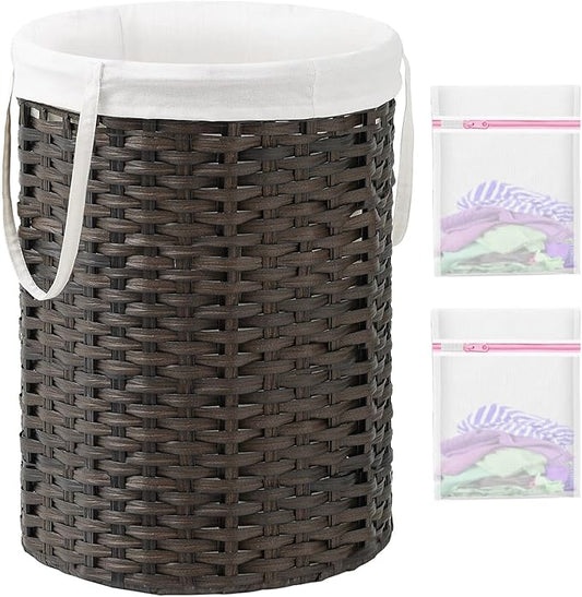 Laundry Basket Round Rattan Laundry Hamper 29.1 Gal (110 L) Handwoven Large Wicker Basket with Handles, Wicker Hamper with Removable Bags and 2 Mesh Bags for Bathroom Living Room Brown