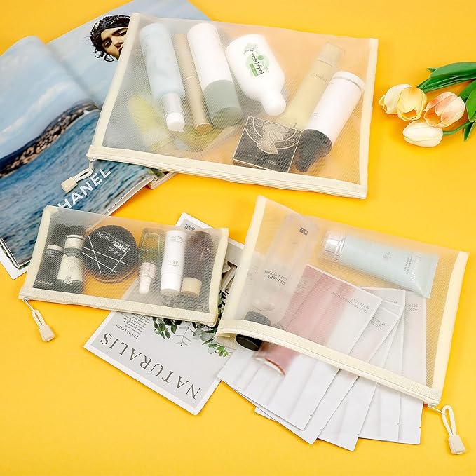 12 Pieces Zipper Nylon Mesh Pouch, Mesh Cosmetic Bags Makeup Bags Pencil Case, Multipurpose Travel Bags for Cosmetic School Office Supplies and Travel Accessories (Beige, Assorted Sizes)