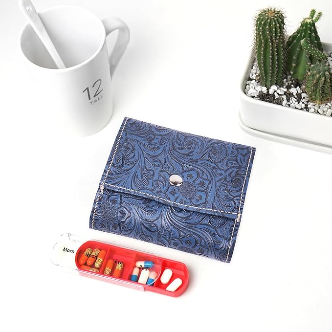 Pill Organizer,LIZIMANDU Weekly Travel Pill Case Box Medication Reminder Daily AM PM, Day Night 7 Compartments,for 4 Times A Day, 7 Days a Week-Includes Leather PU Carrying Case(1-Carved Blue2)