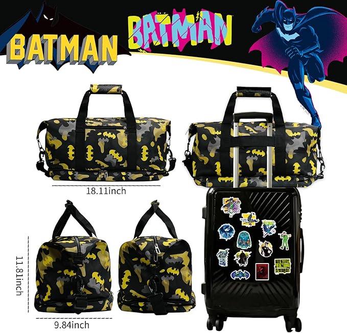 BATMAN Durable Travel Duffel Bag with Bold Yellow and Black Camouflage Pattern, Spacious Interior for All Essentials, Adjustable Shoulder Strap, Reinforced Handles,Stylish Design for Every Traveler
