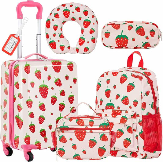 Redbaker 6 Pcs Kids Luggage Set 17 Inch Kids Rolling Luggage Double Pattern Suitcase for Girls Boys School Gift (Blush Pink,17 Inch,Strawberry Style)