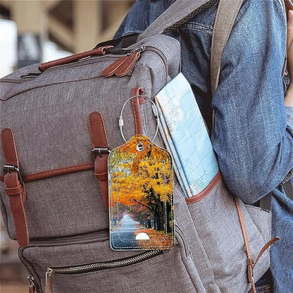 Funny PU Leather Luggage Tags 2-Pack Suitable for Suitcase Stainless Steel Loop and Address Card Essential with Cruise and Airport Travel Fallen Leaves in Autumn Cute Pattern