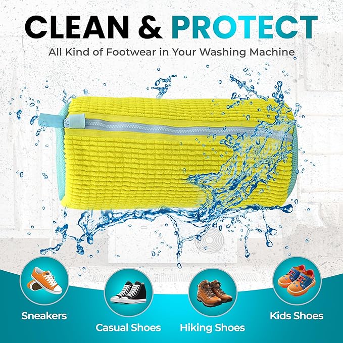 XXL Shoe Washing Machine Bag - 2 Pcs Set - 360° Resuable Shoe Bag for Washing Machine and Dryer - Wrap Shoe Washing Bag for Sneakers, Boots & Delicate Footwear (Yellow)