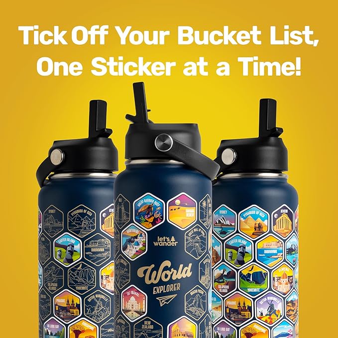 LET'S WANDER World Explorer Adventure Water Bottle with 50 Waterproof Stickers - 32oz Leakproof Insulated Stainless Steel with Straw - Travel Goal Gift Bottle (Blue)