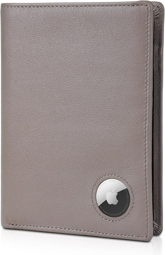 Polare Luxury RFID Blocking Leather Passport Holder Travel Wallet For Men and Women (Grey with AirTag Slot)