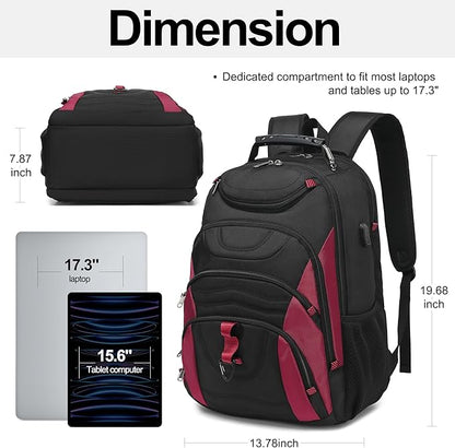 Boavan Laptop Backpack for men, 17.3 inch Laptop Bag with USB Port, Waterproof Travel Work Backpack Purse, Anti-Theft Teacher Nurse Doctor Casual Bookbags Office Business backpack，Black&Russet Red