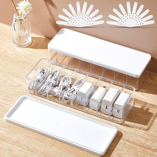 Tatuo 2 Pcs Cable Organizer Box with Wire Ties, Plastic Cord Storage Box with Lid, Electronics Organizer for Home Office Desk Organizers and Accessories (Clear,White)