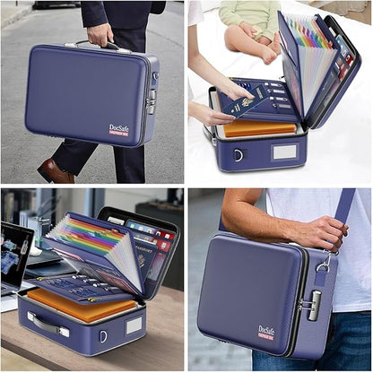 DocSafe Fireproof Document Box with Lock, Hard Case File Organizer with Accordion File Folder, Fireproof Water Resistant Safe Box Home Office Travel Storage for Important Documents Laptop Blue