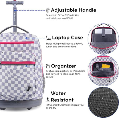 J World Sundance Laptop Rolling Backpack for Girls Boys. Roller Bookbag with Wheels, Lavender Checkers