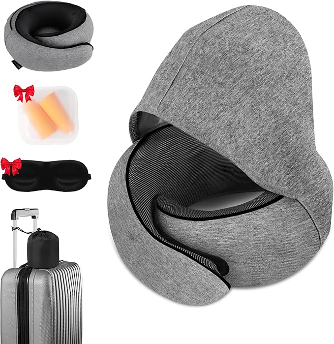 Travel Neck Pillow, Newly Upgraded Hooded Neck Pillow , 100% Pure Memory Foam Travel Pillow for Flight Headrest Sleep,Windproof and heat preservation,Suitable for use in Outdoor/Plane/Car/Office