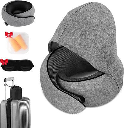 Travel Neck Pillow, Newly Upgraded Hooded Neck Pillow , 100% Pure Memory Foam Travel Pillow for Flight Headrest Sleep,Windproof and heat preservation,Suitable for use in Outdoor/Plane/Car/Office
