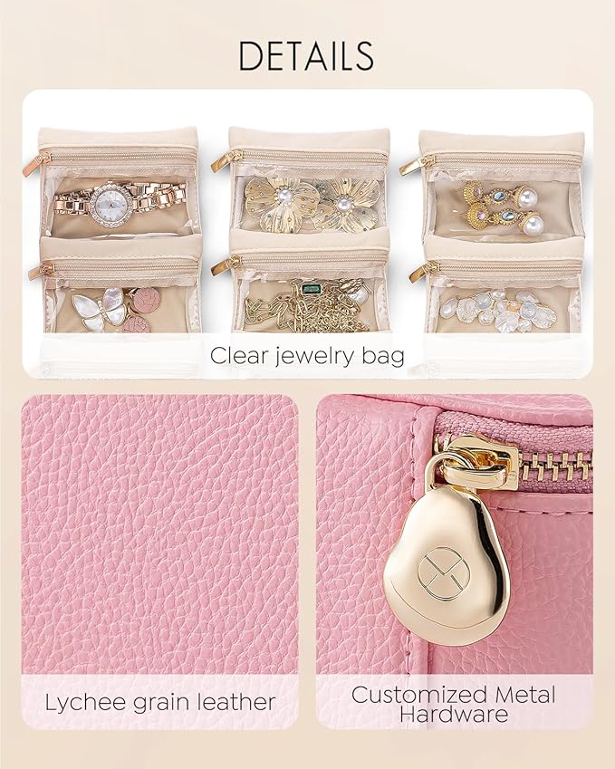 Vlando Travel Jewelry Case,PU Leather Jewelry Storage Organizer Case with 6 pcs Jewelry Bag,Christmas Wedding Birthday Gift Ideas for Women Bride Girls Pale Pink