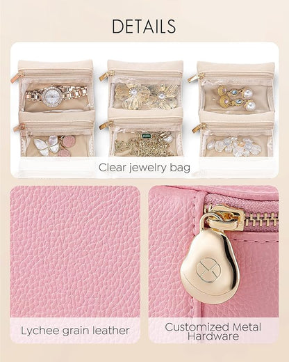Vlando Travel Jewelry Case,PU Leather Jewelry Storage Organizer Case with 6 pcs Jewelry Bag,Christmas Wedding Birthday Gift Ideas for Women Bride Girls Pale Pink