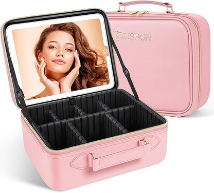 JUSRON Travel Makeup Bag With LED Mirror, Train Case with Light up Mirror, Portable Makeup Artist Organizer Bag with Adjustable Dividers, Makeup Brush Holder Storage (Pink, Large)