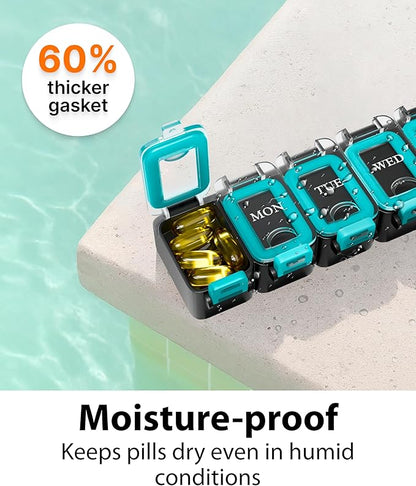 Weekly Pill Organizer 1 time a Day – Pill Box 7 Day with Enhanced Waterproof Seal, Large compartments Hold Big Vitamins & Supplements, Upgraded Locking lids, for Home & Travel use, Durable Hard case