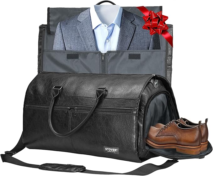 STOVER Garment Travel Duffle Bag, Large 2-in-1 Convertible Carry-on Luggage for Men & Women- Hanging Suits, Dresses & Clothes + Shoe Compartment- Weekender Tote Combo Duffel (Black Leatherette)