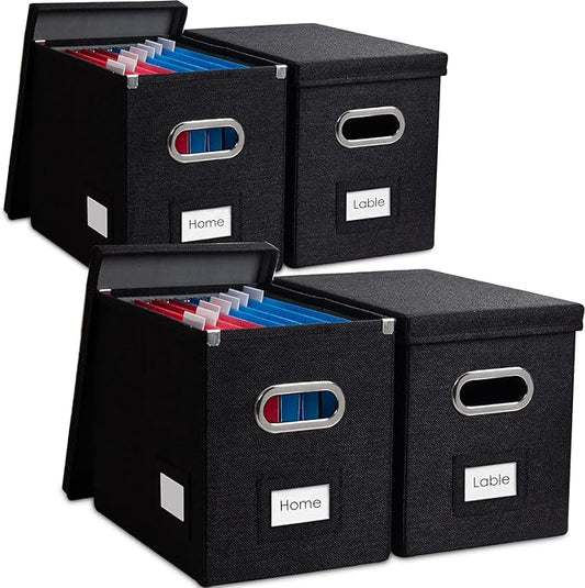 PRANDOM File Organizer Box - Set of 4 Collapsible Decorative Linen Filing Storage Hanging File Folders with Lids Office Cabinet Letter Size Black (14x9.3x10.8 inch)
