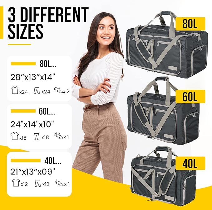 LEGEND 60L Foldable Duffle Bag for Travel - Packable Duffle Bags w/Shoe Compartment - Tear Resistant Collapsible Duffel Bags for Traveling - Lightweight Folding Duffel Bag for Men & Women -Dark Gray
