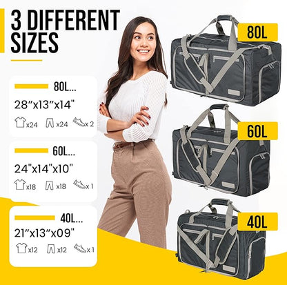 LEGEND 60L Foldable Duffle Bag for Travel - Packable Duffle Bags w/Shoe Compartment - Tear Resistant Collapsible Duffel Bags for Traveling - Lightweight Folding Duffel Bag for Men & Women -Dark Gray