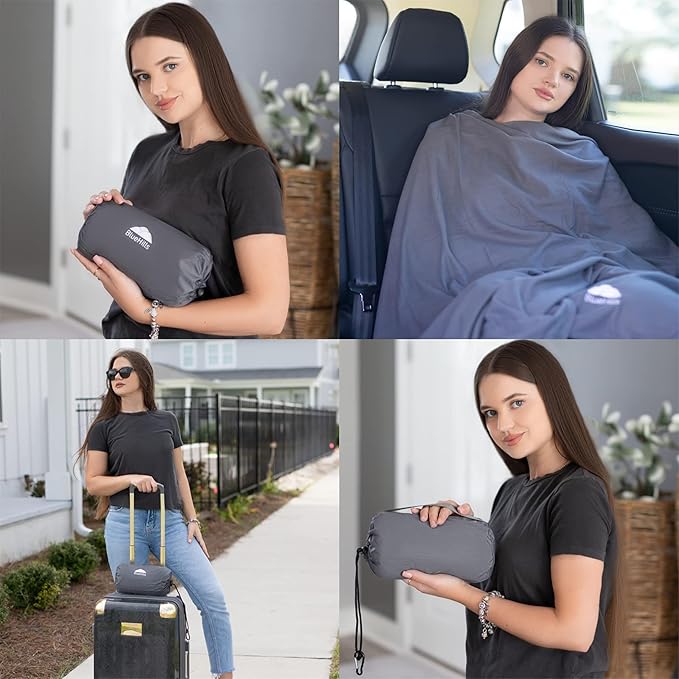 BlueHills Ultra Compact Travel Blanket 2 Pack Large Soft Cozy Portable Blanket Sheet with Carry Case and for Flight Airplane Car Layover Camping Hotel Grey C202-2PK-Gray