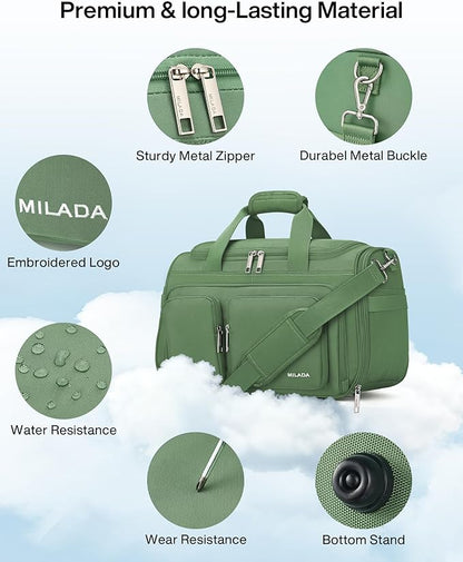 MILADA Underseat Carry On Luggage Bags for Travel Lightweight Foldable Carry On Bags for Airplanes Small Duffle Bag for Men Women Personal Weekend Overnight Travel Tote Bags, Forest Green