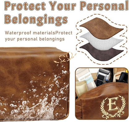 Engraved Letter Toiletry Bag Leather Waterproof Travel Kit, Personalized Gifts for Dad Husband Boyfriend (E)