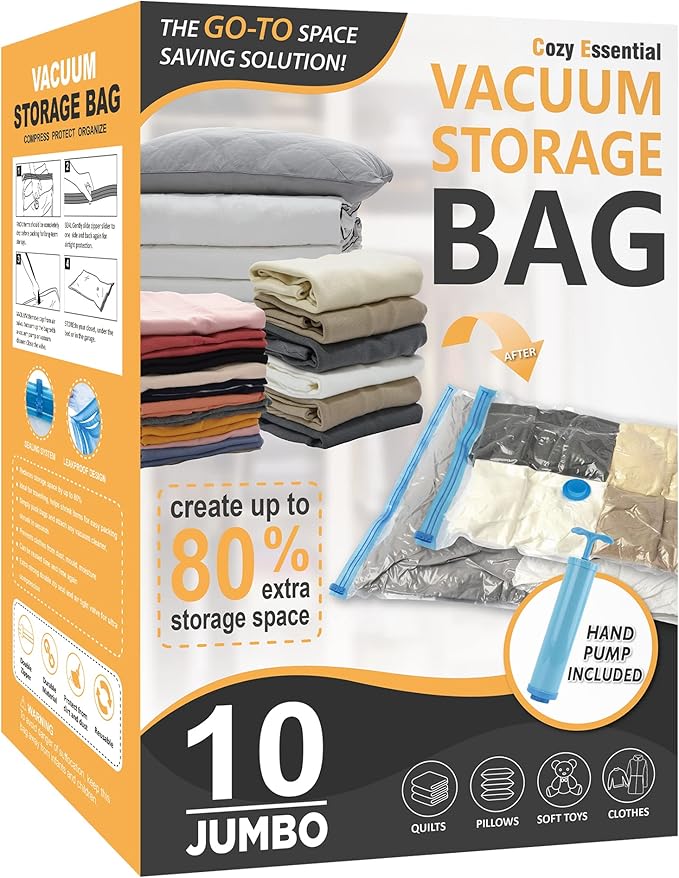 10 Jumbo Vacuum Storage Bags, Space Saver Bags Compression Storage Bags for Comforters and Blankets, Vacuum Sealer Bags for Clothes Storage, Hand Pump Included