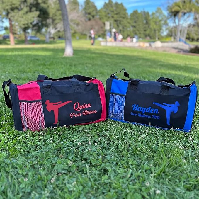 KishKesh Personalized Kids Sports Duffel Bag – Ideal for Martial Arts, Gym, Travel, Training & Workout for Female – Durable, Costumizable Name & Text – Blue, 18" x 10" x 8"