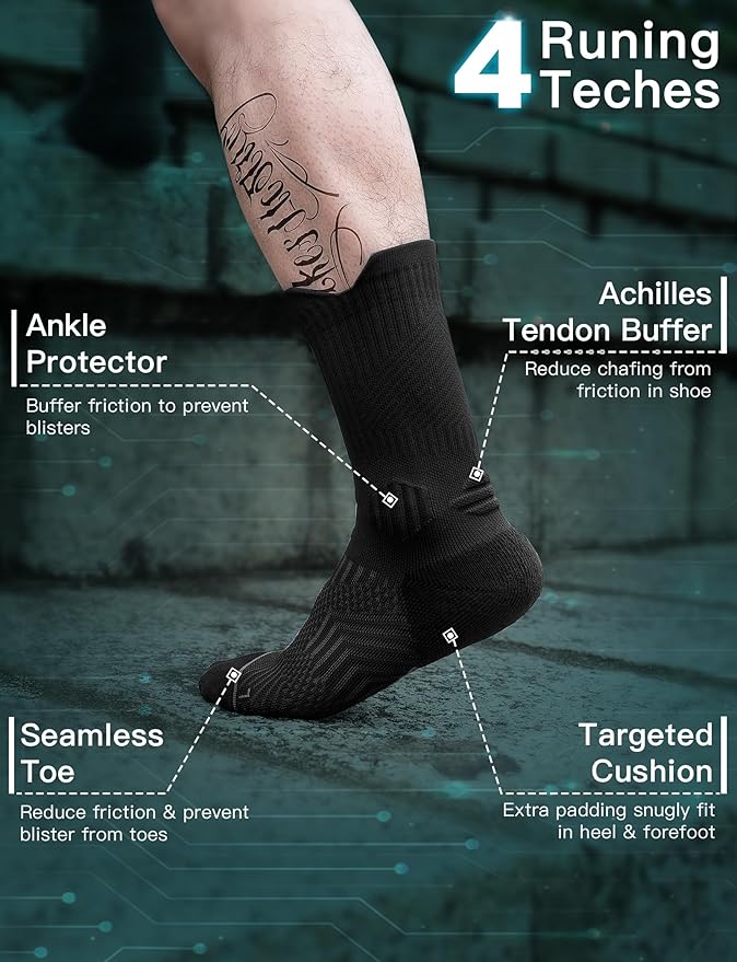 Mens Bamboo Viscose Crew Compression Running Socks Athletic Hiking Cushioned Wicking Anti-Blister Seamless