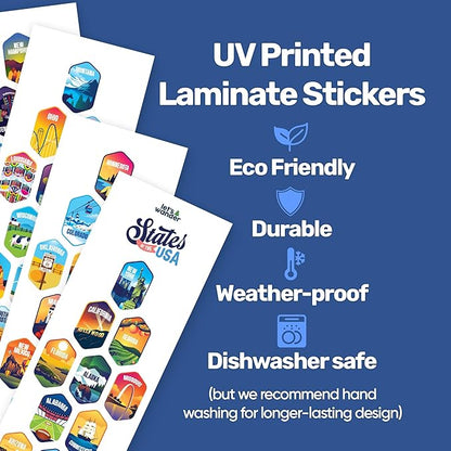 LET'S WANDER 50 States Water Bottle with Waterproof Stickers - 32oz Leakproof Insulated Stainless Steel with Straw - States of the USA Gift Bottle (White)